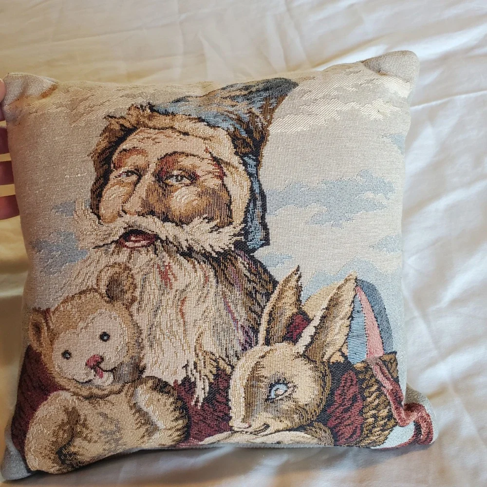 Vintage Christmas Tapestry small Throw Pillow Father Christmas Bear Rabbit 9x9